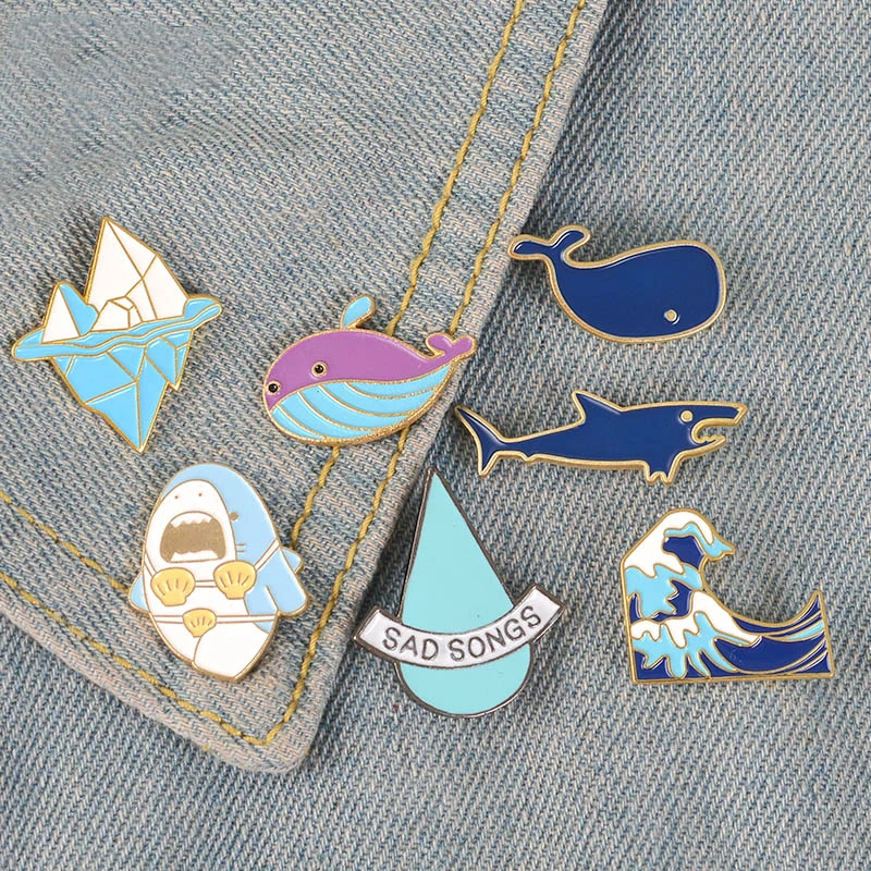 Choďte surfovať! Enamel Pins Blue Wave Iceberg Whale Shark Brošge odznak Denim košeľa kloš