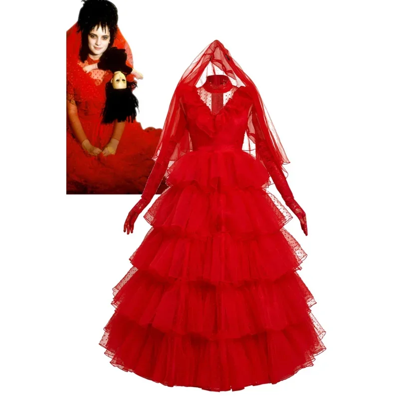 Chrobák cosplay šťavy kostým Lydia červené svadobné šaty oblečenie Ženy retro rukáv čipky s čipkou Tulle nevesty šaty Halloween Party Sui