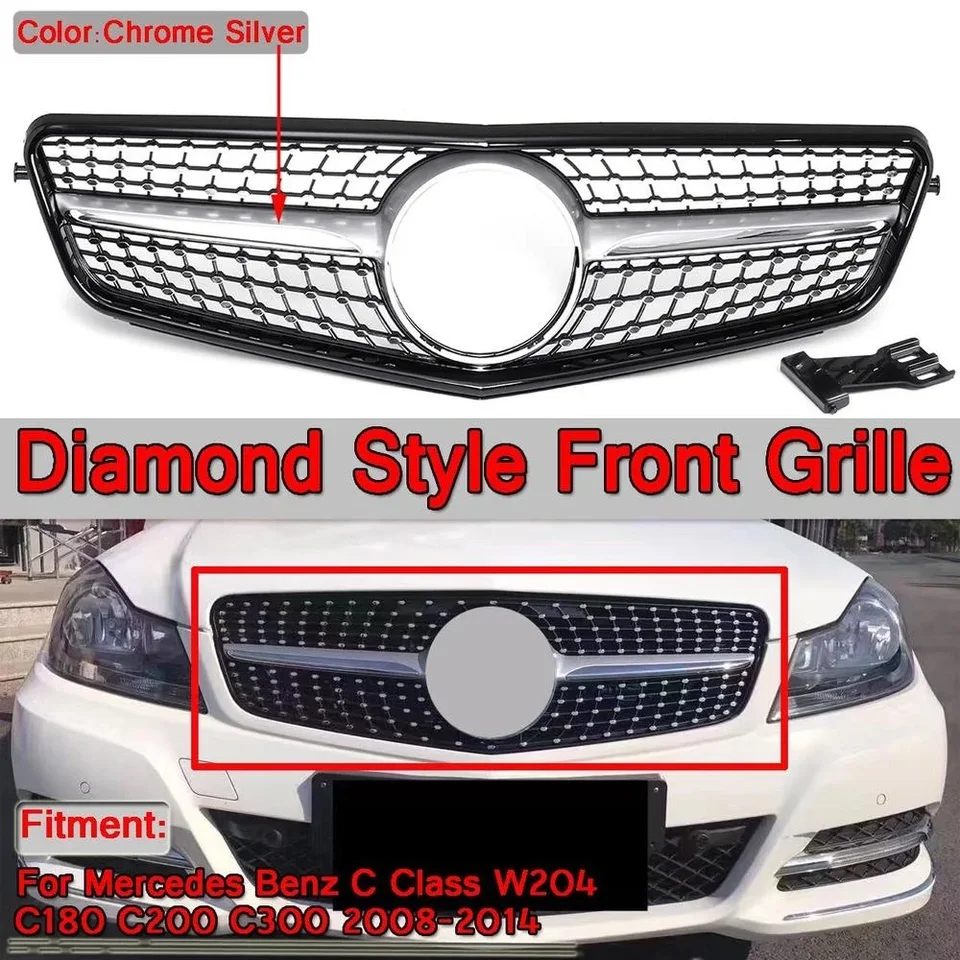 Chrome Diamond Style Car Front Bumper Grille Grill Racing Grills for Mercedes Benz W204 C180 C200 C300 2008-2014