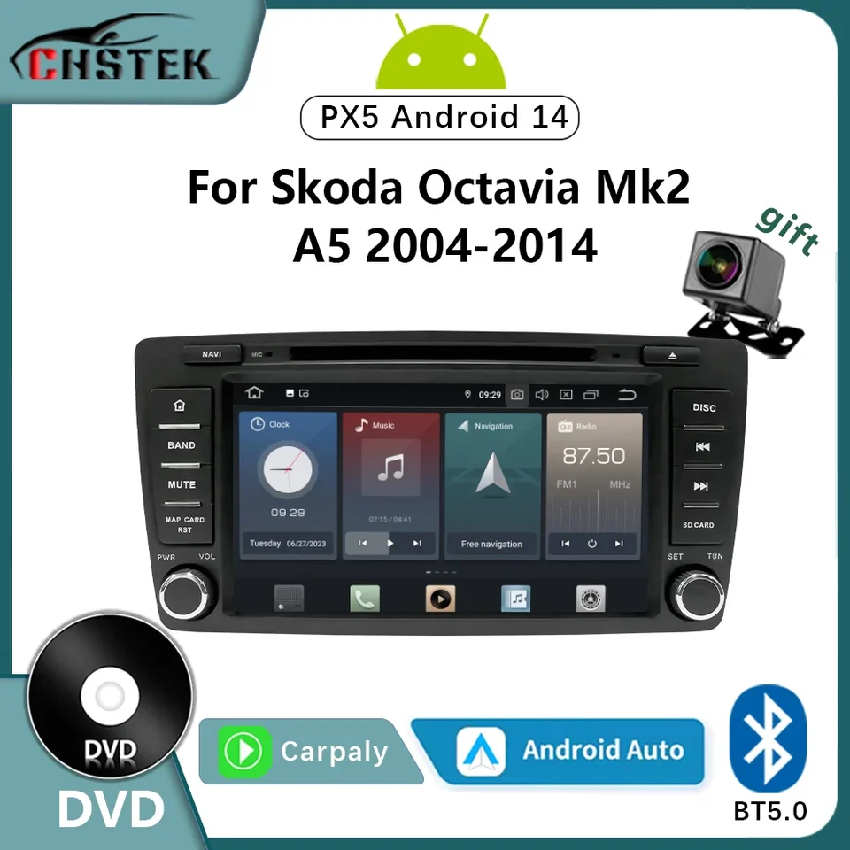 CHSTEK Car Radio DVD Android 14 pre skod Octavia MK2 A5 2004-2014 Navigačný hráč GPS CarPlay WiFi Bluetooth DSP Auto Stereo Stereo