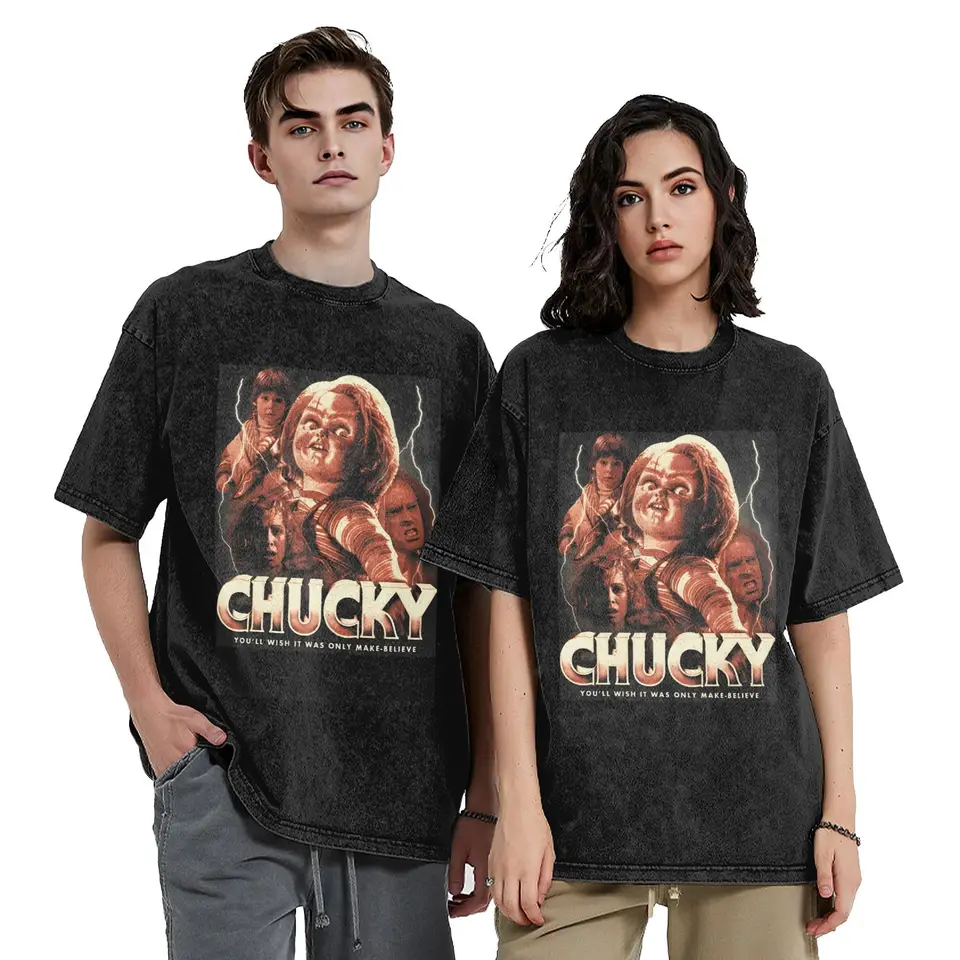 Chucky Horror Child's Play vintage umývané tričká Men ženy čisté bavlnené neformálne tričko okrúhle vrcholy Grafické tlačené