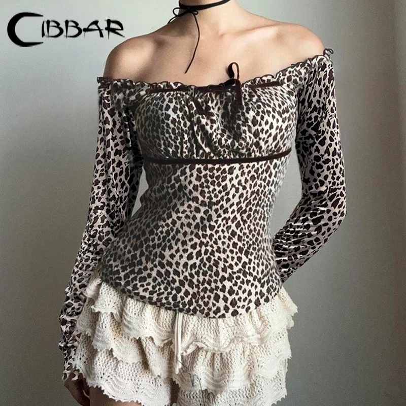 Cibbar Leopard Print Square Collar Tričko y2k vintage šnurovanie s dlhým rukávom orezané top dámske dámske jarné jeseň tričko tričko Chic Chic