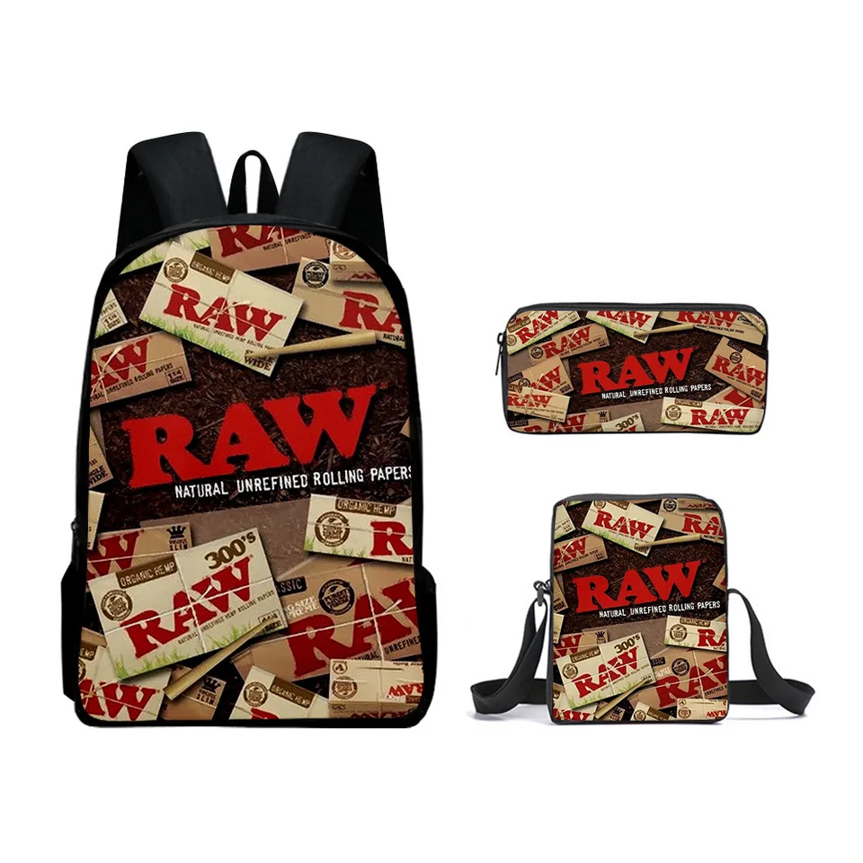 Cigaret Rolling Paper Tobacco RAW 3D tlač 3ks/set School Bags Laptop Daypack batoh skloneného vrecka na ramene Puzdro