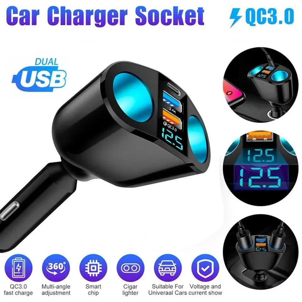 Cigareta zapaľovača auta 12v-24V Socket Splitter Power Adapter 3.1A 120W PD QC3.0 Dual USB Car nabíjačka super rýchle nabíjanie
