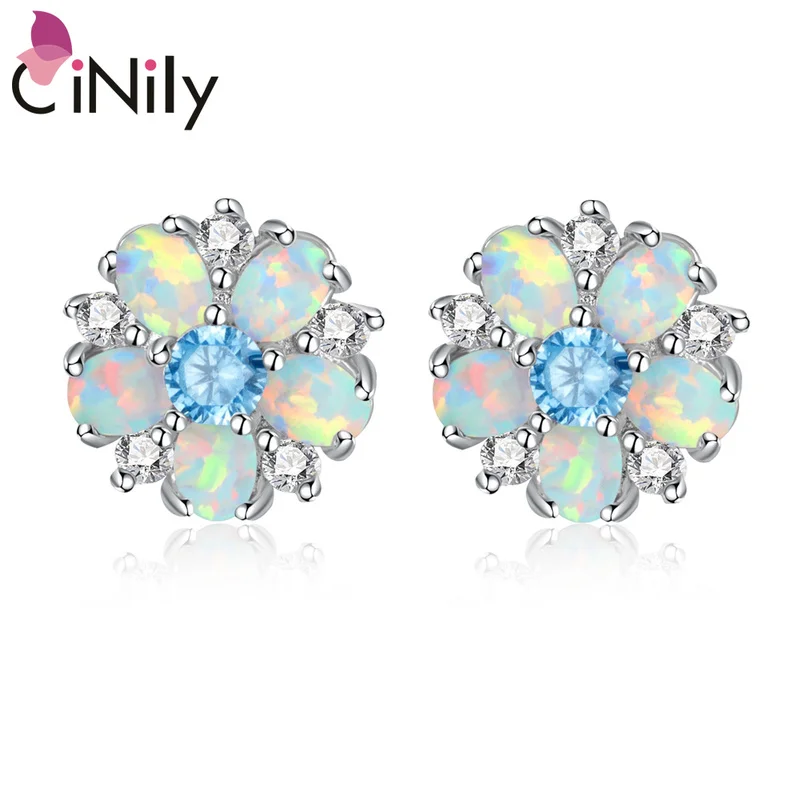 Cinily MultColor Fire Opal Stud náušnice so zirkónom 925 Sterling Silver for Women Party šperky veľké obručové kvetinové náušnice