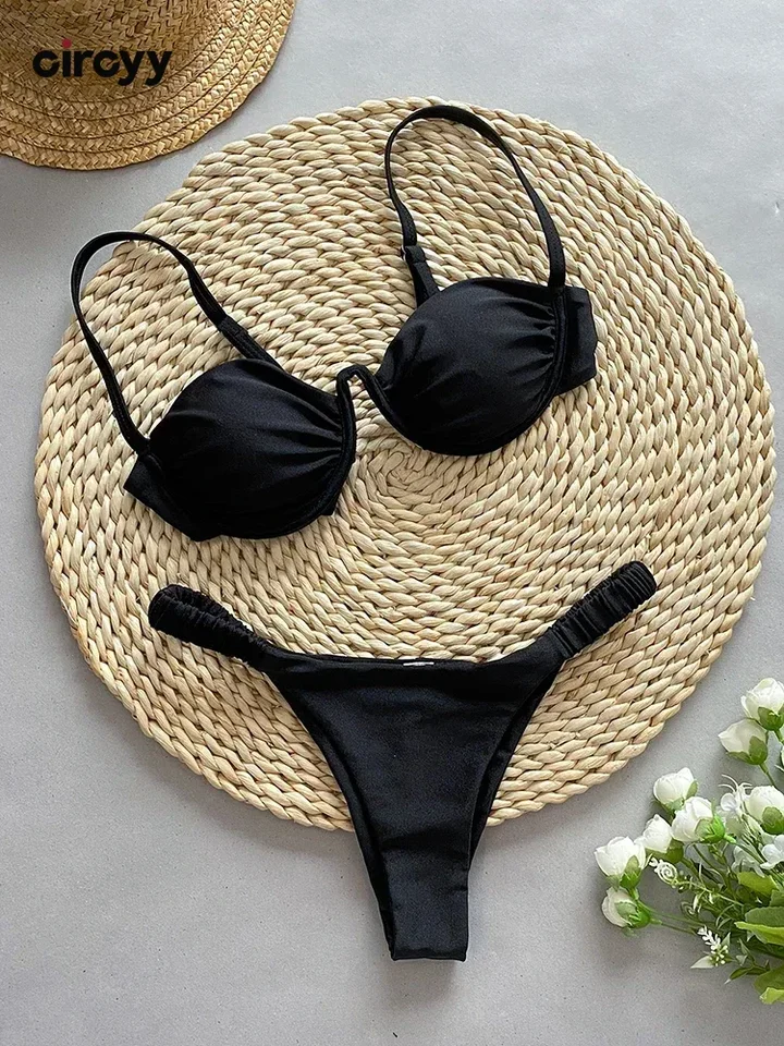 Circyy plavky Ženy Sexy solé farebné plavky skladané bikiny oblek Lace Up Bow kravata Biquini THOG THO DVOJA SEL
