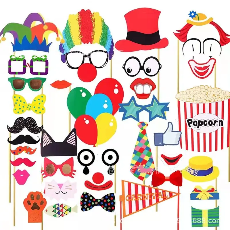 Cirkusový klaun narodeniny Photo stánok rekvizity DIY Fun Circus Joker Photobooth rekvizity na tyčinke narodeninové oslavy svadobné dekorácie