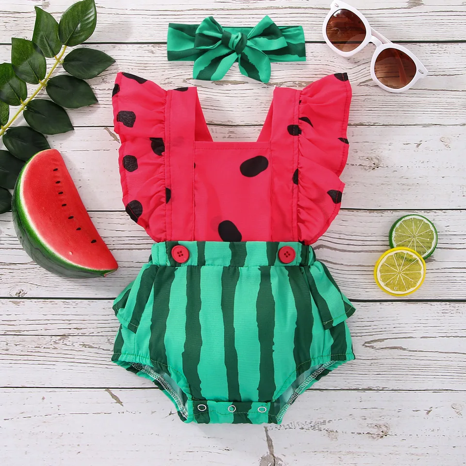 CITGEETT letné dieťa Novorodenecké dievčatá chlapci chlapci z oblečenia Watermelon Print Fly Ruckve Sucksuit čelenka čelenky oblečenie