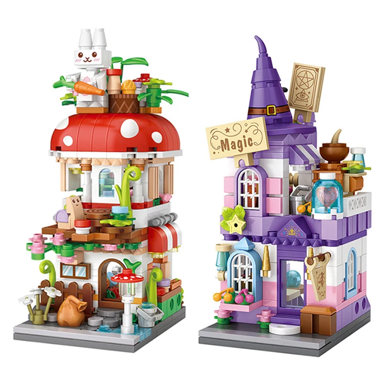 City Street View Mini Building Block Block Cartoon Huby House Magic House 3D Castle Model Zhromaždený hračkárska dekorácia Darček