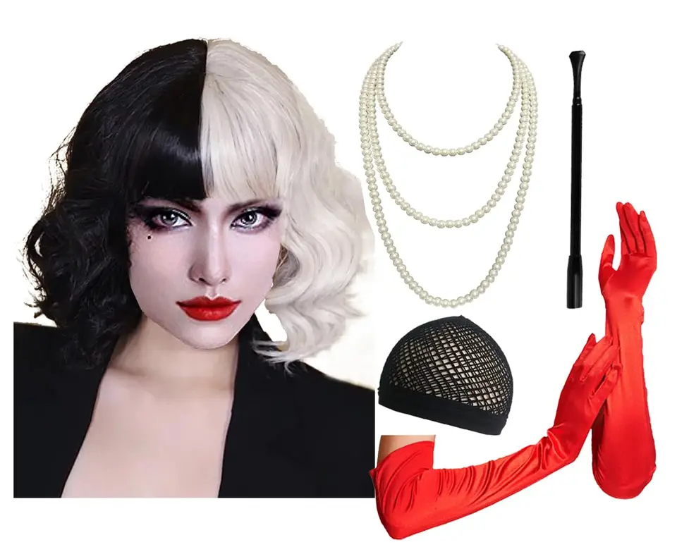 Cizoe Cruella Deville Kostýmové doplnky Crulla de Vil čierne biele parochne plastové držiak halloween červené rukavice