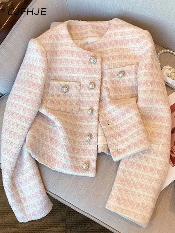 Cjfhje perly gombíky vintage tvídové bundy Spring ružové ružové vonkajšie plodiny Top plodiny Top ženy luxusné kabáty Streetwear Chaqueta