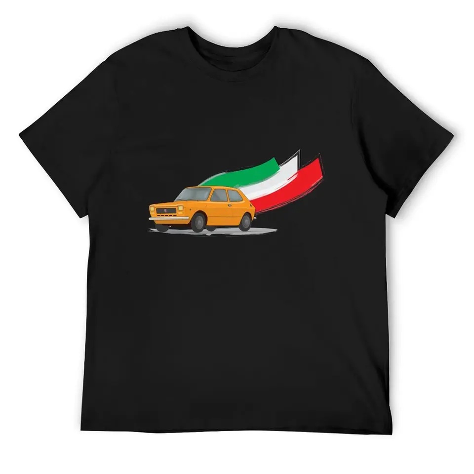 Classic Fiat 127 Ilustrácia s retro oranžovou farbou a talianske vlajkové tričko Grafické tričko Vintage pánske tričká