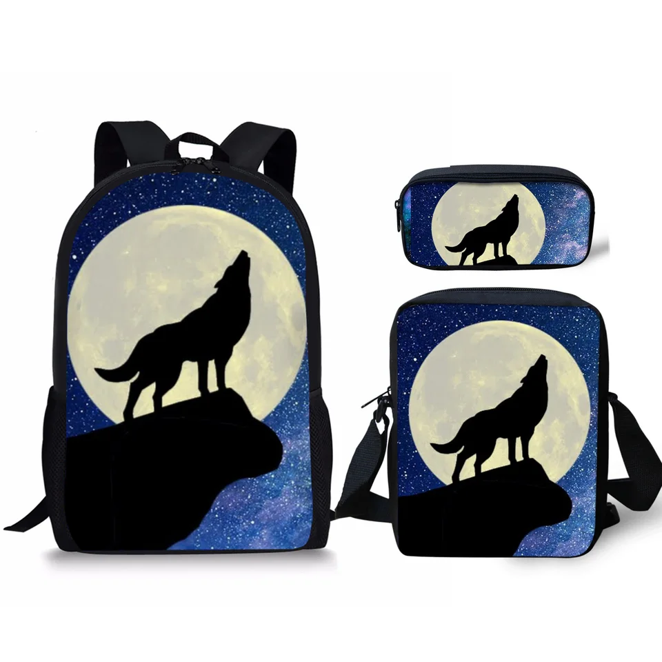 Classic Wolf on the Moon Pattern 3d Print 3ks/set žiakov školské tašky prenosný batoh Daypack batoh skloneného puzdra na rameno tašky ceruzky
