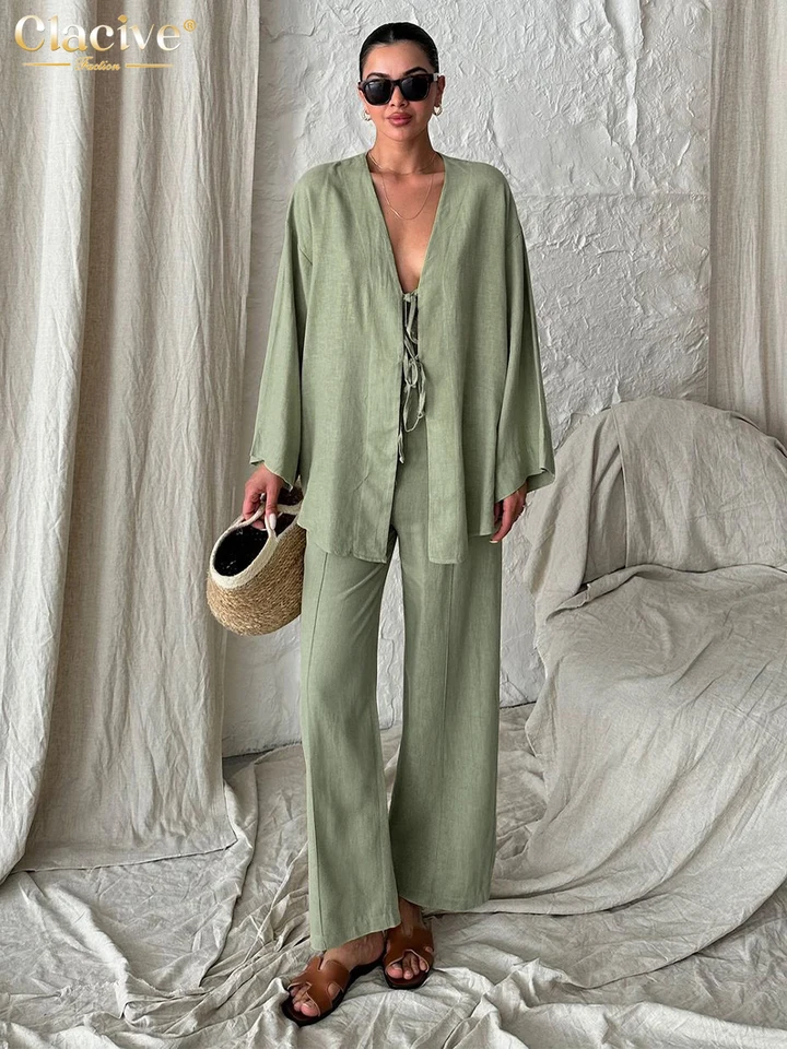 Clave Fashion Loose Green Cotton 2 -Piece Set Women Outfit 2024 Elegantné tričko s dlhým rukávom s vysokým pásom široké nohavice set female