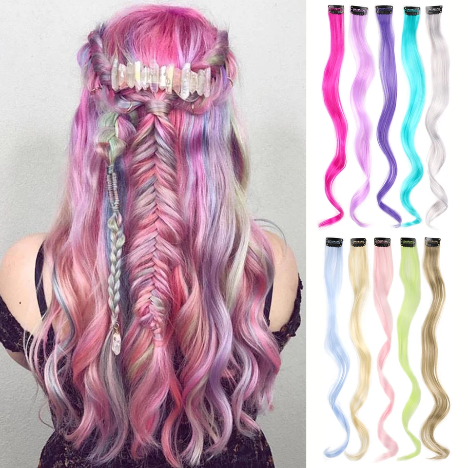 Clip in Hair Extensions Syntetické, 10ks/balenie farebné kučeravé vlnové predlžovanie vlasov Zvýrazňuje dlhé kučeravé účesy pre ženy