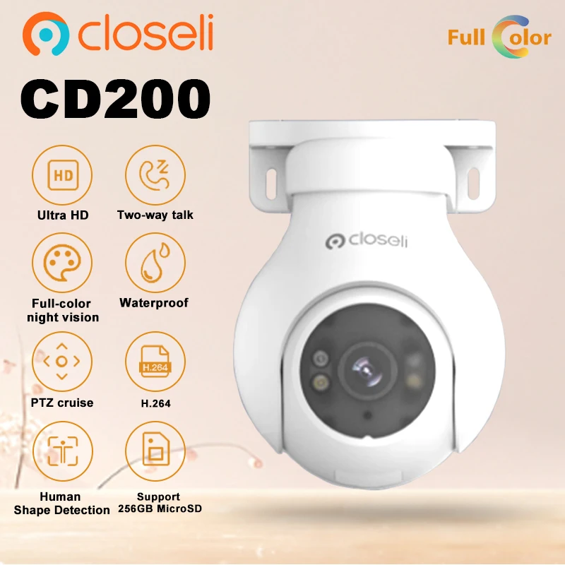Closeli CD200 8MP Camera Ultra HD Fullor Night Vision PTZ Cruise Human Shape Detection DIO-WALL TALK 256 GB MicroSD Waterpoof