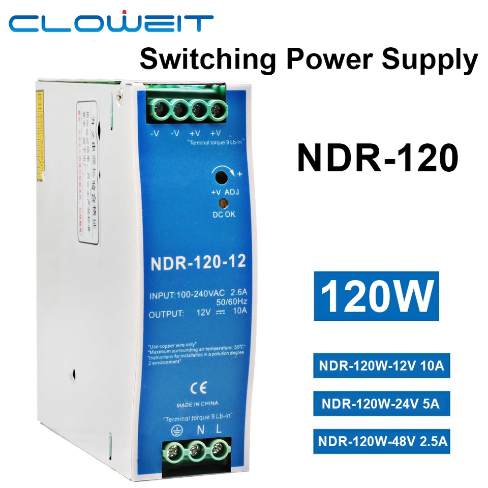 Cloweit 12V 24V 48V NDR120W 100-120VAC/180-240VAC Industrial DIN Rail namontovaný AC až DC Single Output Switching Nawer Dorth