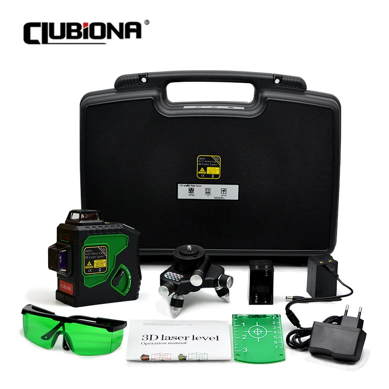 Clubiona Professional 3d 12 riadkov Výkonný zelený lúč laserový úroveň samosprávnej vertikálnej a horizontálnej krížovej čiary 360 ° rotačný