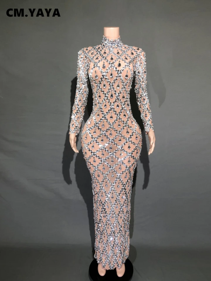 Cm.yaya 2024 Jarný kamienok s dlhým rukávom Dámske šaty O Ť-Neck Sexy Bodycon Party Club Night Birthday Long Maxi Dresses