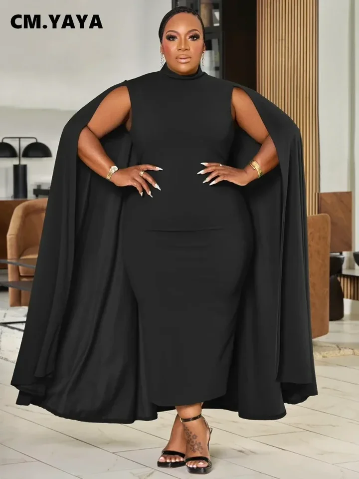 Cm.yaya 2024 Plus veľkosť plášťa Solid Solidy Sexy O-Neck Long Maxi Dámske šaty Belt Night Club Casy Beach Party Šaty