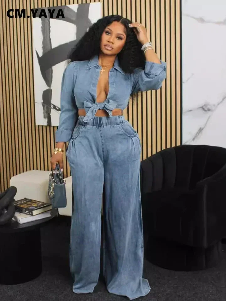 Cm.yaya Dámska súprava kravata na tričko s dlhým rukávom a vreckové nohavice so širokými nohami Autumn Street Dva 2 -kusové súpravy Outfits Tracksuit
