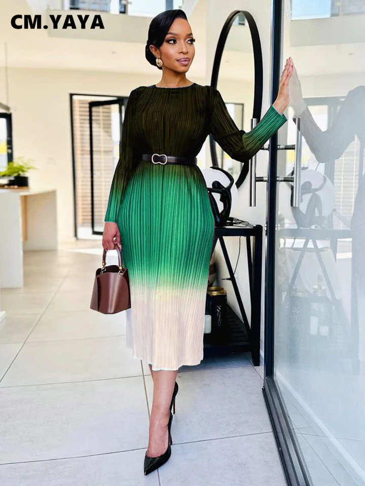 Cm.yaya Dámske gradienty Vytlačené skladané s dlhým rukávom O-Neck Slim Dress 2023 Street Vintage Chic Vestid Evening Šatyses