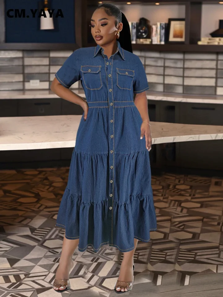 Cm.yaya plus veľkosti Ženy s krátkym rukávom s jedným breasted Big Swing Blouses Style Maxi Long Dress 2024 Džínsové šaty šaty Vestidos