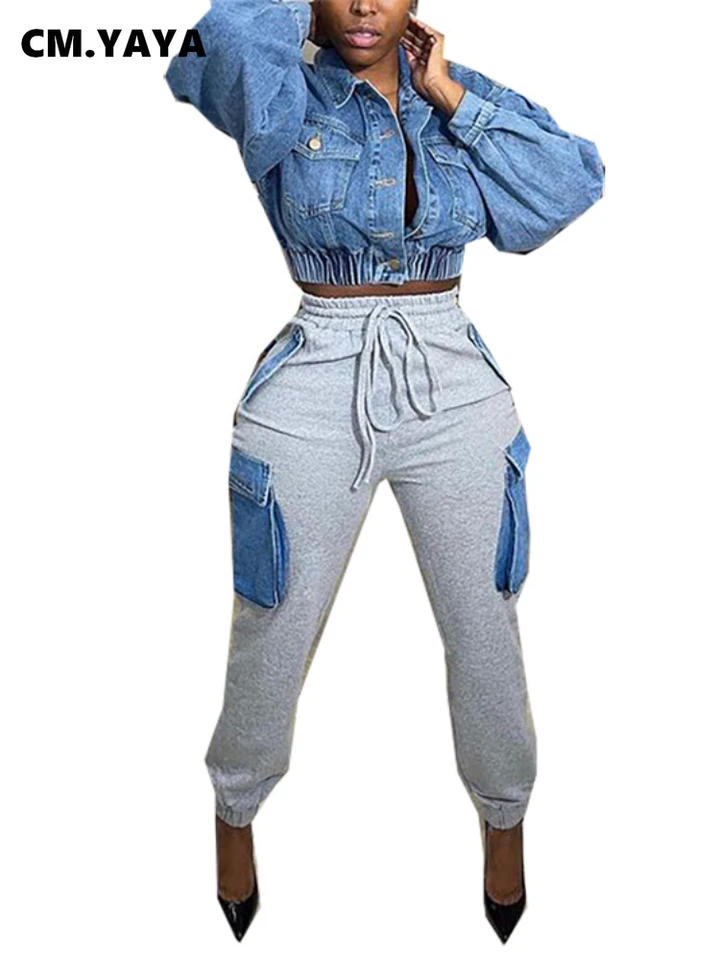 Cm.yaya Women Streetwear Fashion Fashion Multi Denim Pocket Rogger Pants 2023 jeseň zima safari v štýle nákladných teplákov nohavíc