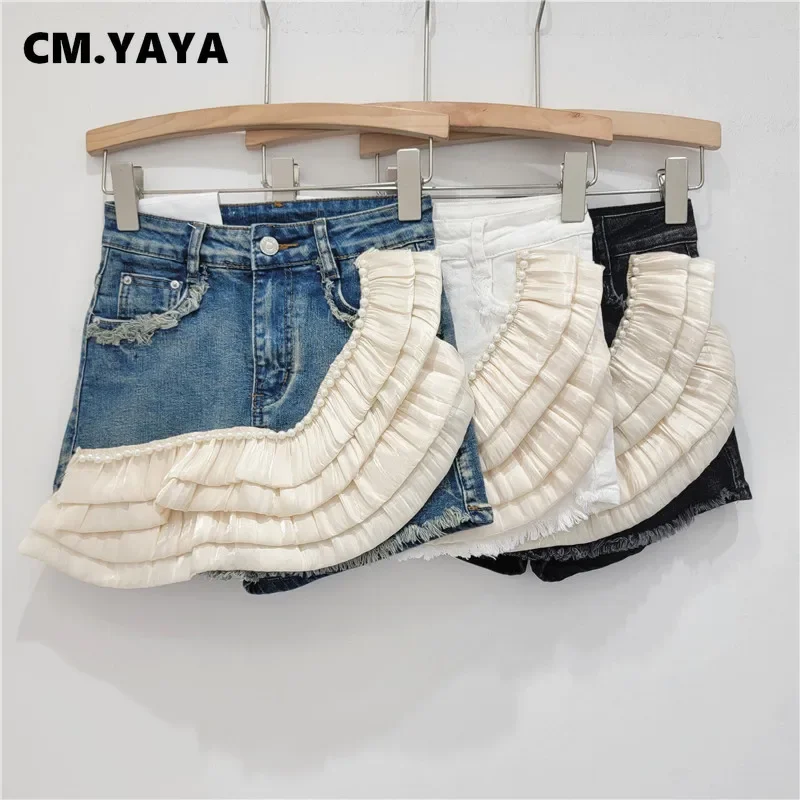 Cm.yaya Ženy Plaid Selvedge Denim Patchwork A-Line Mini sukňa 2024 Jeseň Winter Street Žena Klasické džínsy nákladné sukne