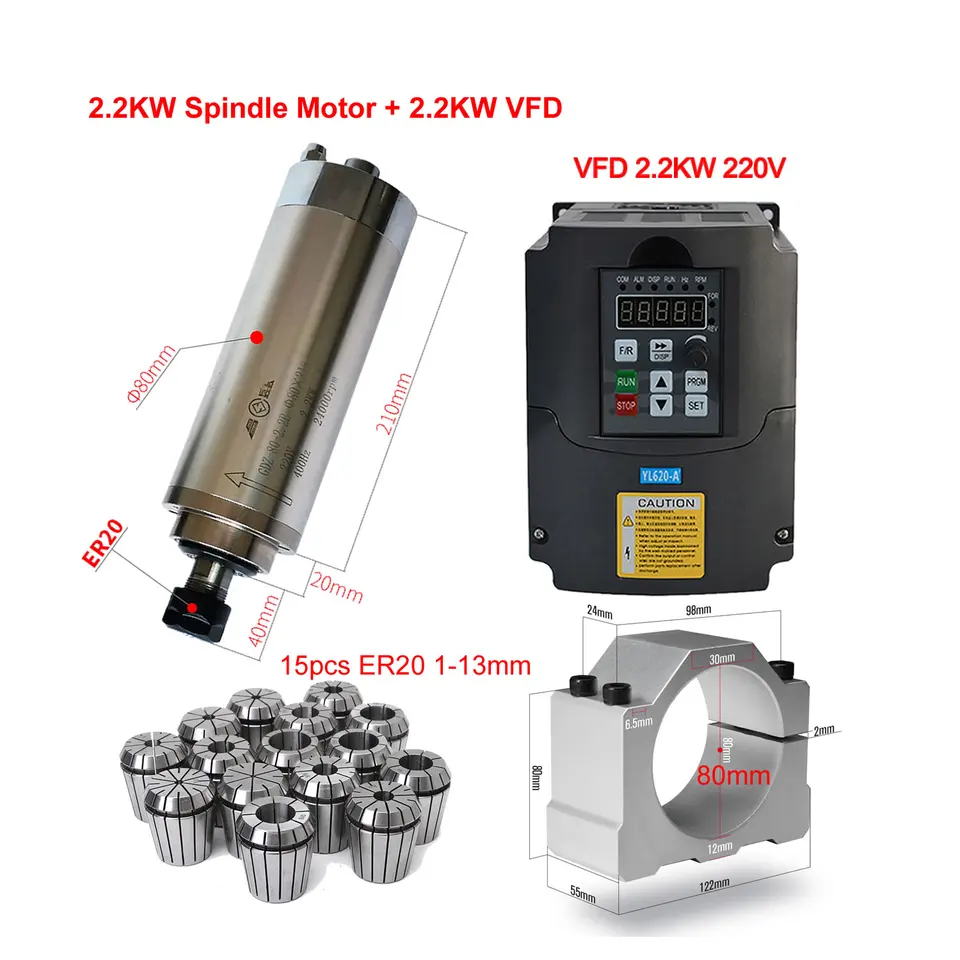 CNC 2,2KW 1,5KW Frekvenčný prevodník 220V VFD Variabilný frekvenčný invertor 800W 1500W 2200W vretenového motora ER11 ER20 Chuck