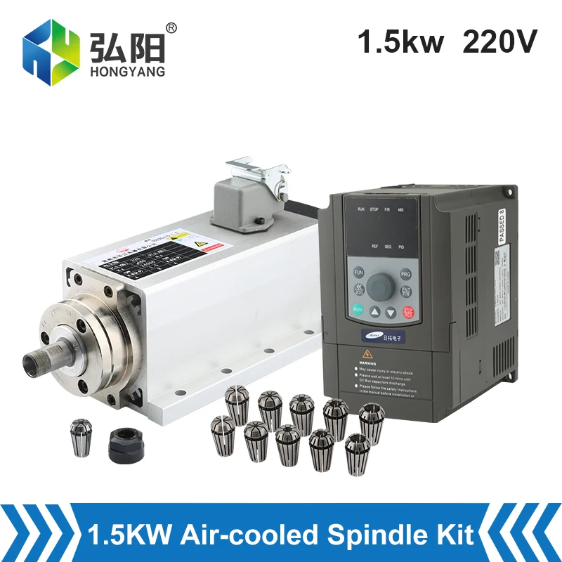 CNC vretená motora 1,5 kW 220V štvorcový vzduch chladený vretendový motor + VFD menič + s sadou skľučovadla ER11 pre CNC router frézovací stroj