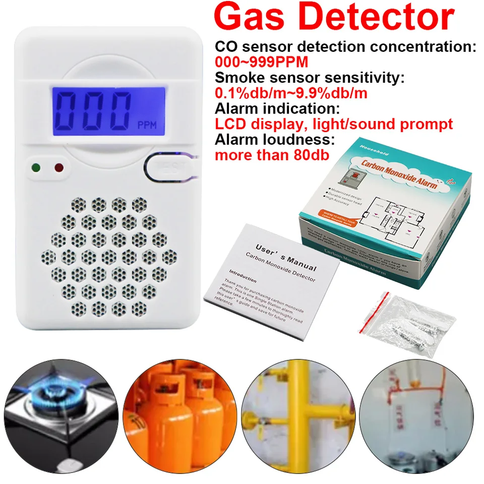 CO detektor úniku plynu Zvukové svetlo Výstraha Nízky indikátor batérie Co monitor plynu Alarm detektor LCD napájaný LCD displej LCD