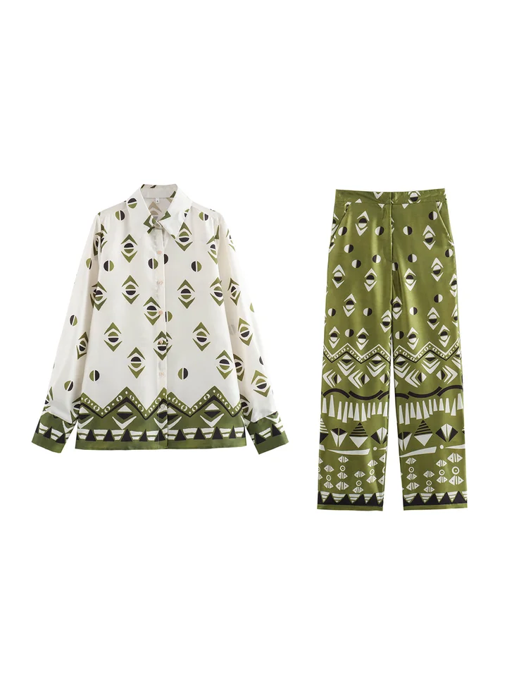 CO ORD SET 2024 Fashion Vintage Geometric Print Satin Pant Sets Sety s dlhým rukávom a široké nohavice nohavice 2 kusy