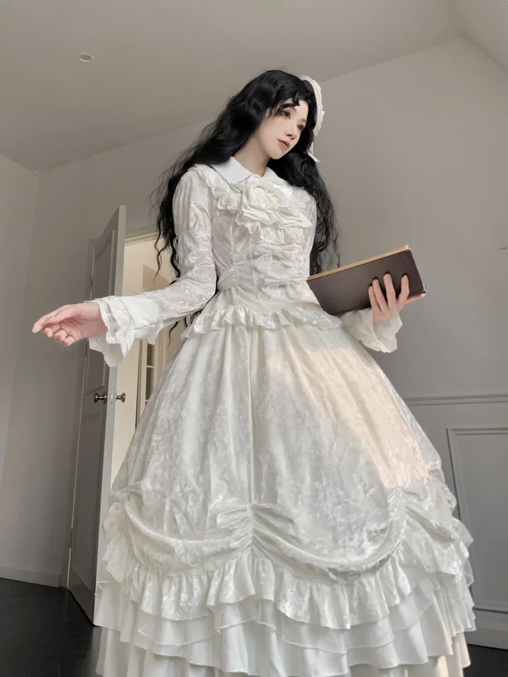 Coalfell Black Velvet vintage gotický dlhý rukáv LOLITA Long Puff Dress Noble Qi Miss Lolita Lace Lace Dresses Ženy