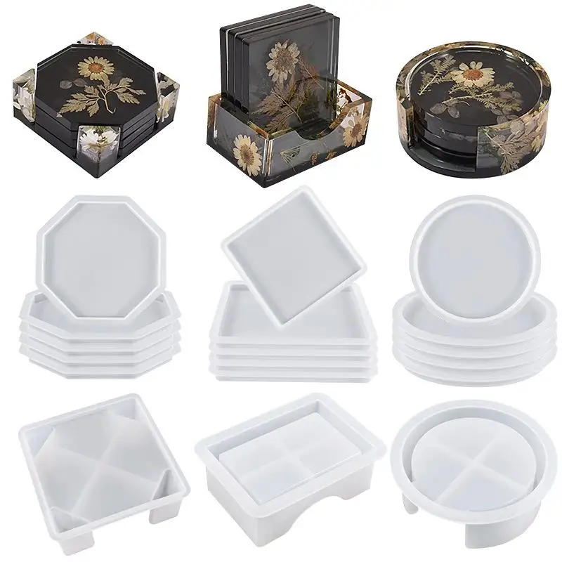 Coaster Resin Silikone Folds Set s okrúhlym štvorcovým osemhranným držiakom držiak na držiak DIY Copsum Coaster Tray Fold Home Dekorácie