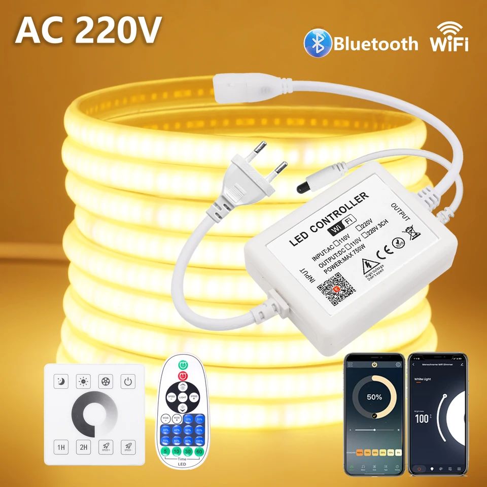 COB LED pásik 220V lepidlo 240led/m wifi bluetooth stena dotyk diaľkovo ovládacie ovládanie vodotesná páska LED páska 0,5 m 5 m 10m 15 m 20 m
