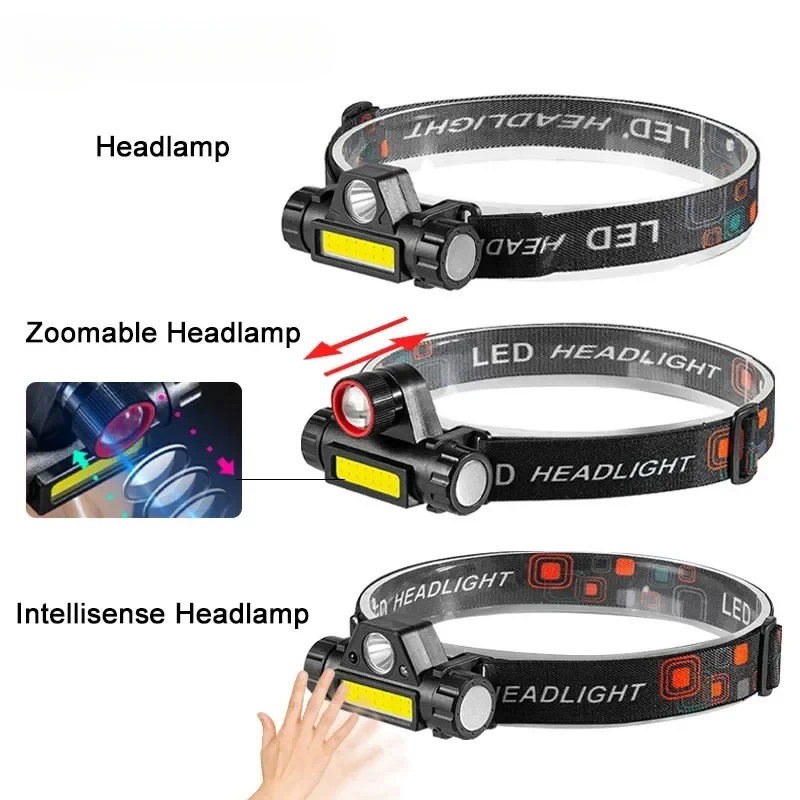 COB LED svetlometový pochodeň Nabíjateľná baterka hlavy vonkajšia vodotesná kempingová rybárska ťažba Lucerna s magnetom