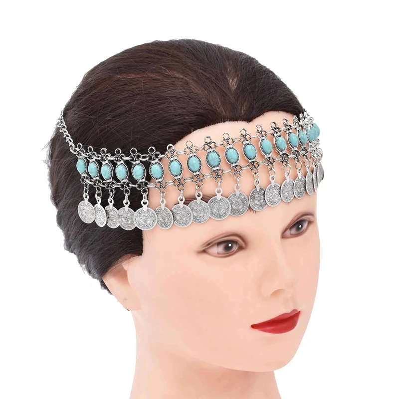 COIN TASSEL Women Headband Bohemian Etnické vyhlásenie korálky cigánske reťaze vlasové šperky kúzla turecké vinobranie čelenka Žena