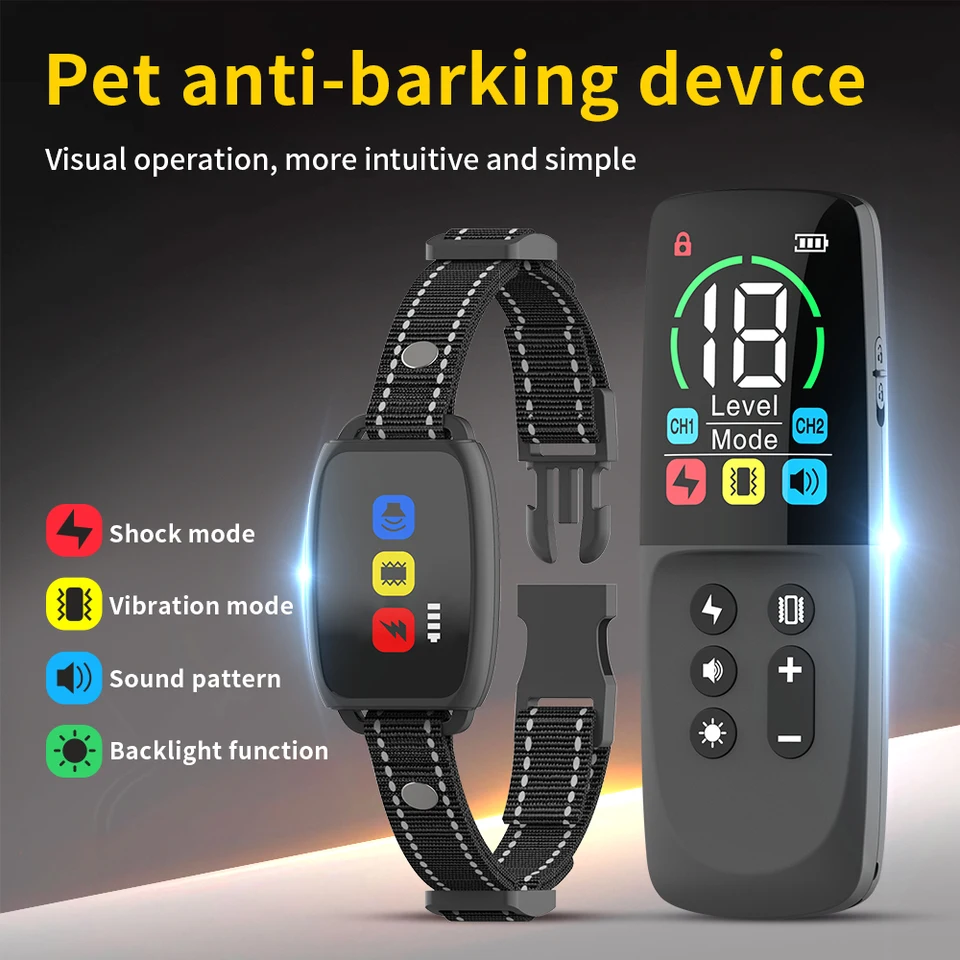 Color Screen Dog Training Golier Nabíjateľné diaľkové ovládanie psov Tréner IP67 Vodotesný vibrátor domáce zvieratá kôra zastavenia šokov