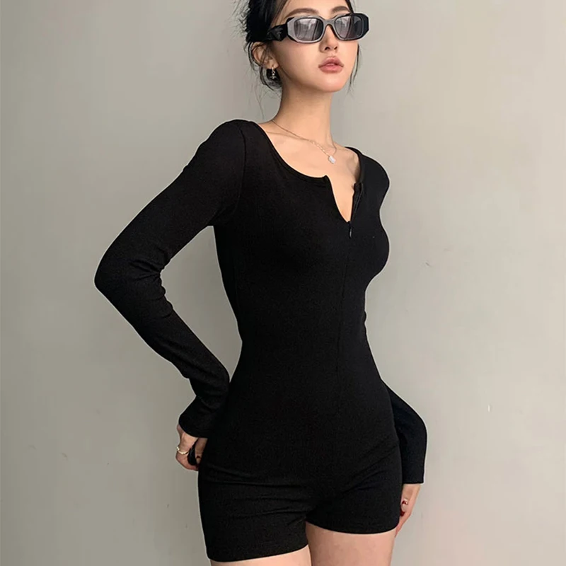 Combhasaki Dámske letné leto Y2K Slim Fit Rompers tenké rebrované štýlové tuhé farebné farby zipsová posádka krk s dlhým rukávom Tesné kombinézy s dlhým rukávom
