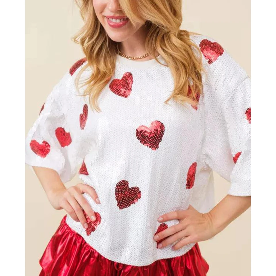 Combhasaki Valentín Dámske letné leto Y2K Tops Half Ruckve Glitter Slidňový srdcový patchwork okrúhly krk voľné tričká