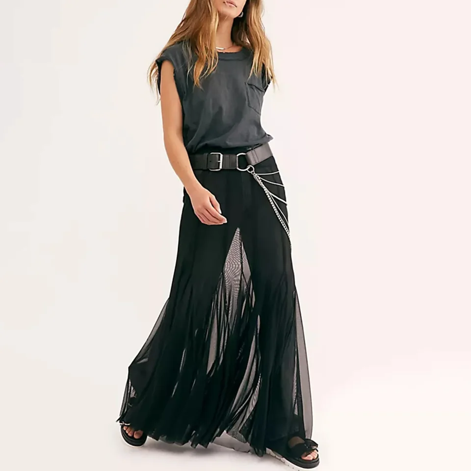 Combhasaki Womens Sexy vintage retro číre sieťové dlhé sukne Elastické s vysokým pásom Rufle Hem