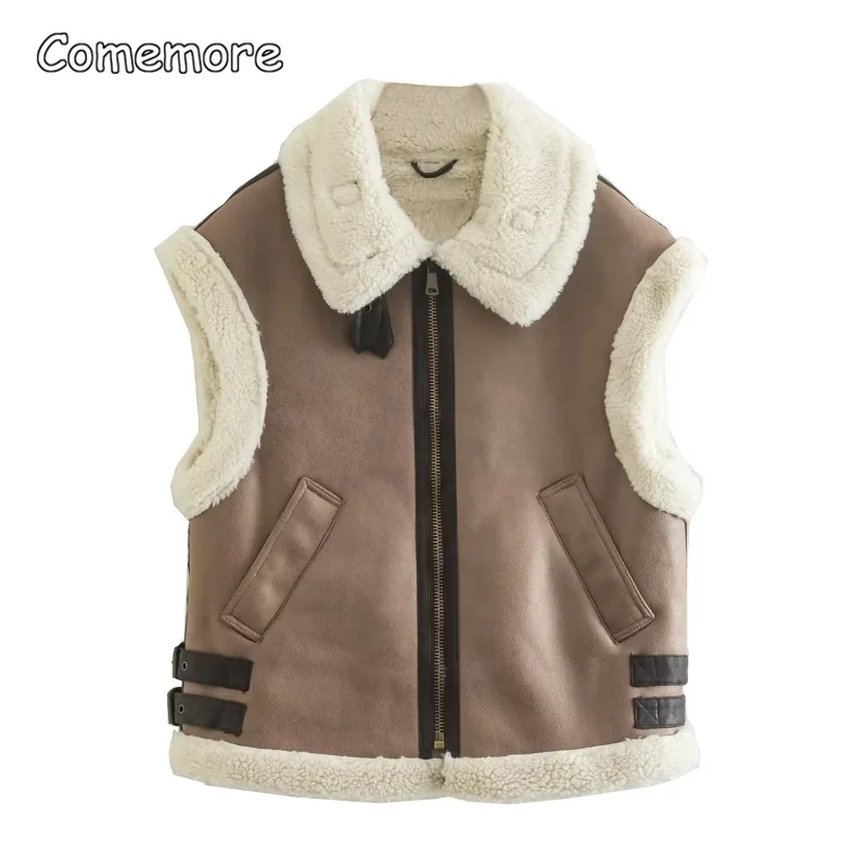 Comemore kožušinové vesty bundy Ženy Váka Vese Chic Lady Faux Leather Warm Woman Woman bez rukávkovej bunda jesenná zima Nové vonkajšie odevy