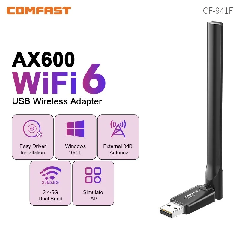 Comfast AX600 WIFI6 Adapter 2.4g a 5G 572 MBPS Sieťová karta 802.11ax Ovládač 3DBI antény USB Dongle pre výhru 10/11 prenosný počítač PC