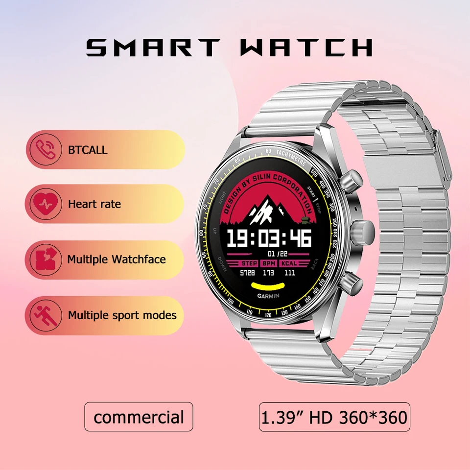 Commerce Watch 1,39 ”HD 360*360 Gentleman a Ladies Health Monitoring Oznámenia Bluetooth Call DIY Faces Multifunkčné hodinky