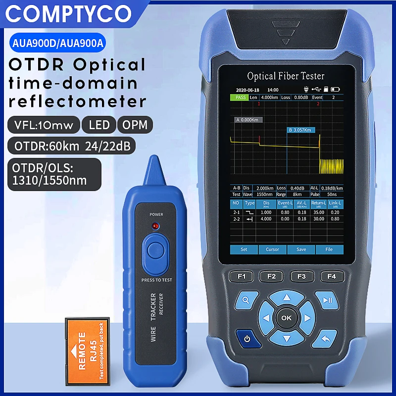 Comptyco OTDR optické vlákno reflektometer AUA900D s 9 funkciami VFL OLS OPM mapa udalosti 24 dB pre 64 km tester ethernetového kábla vlákna