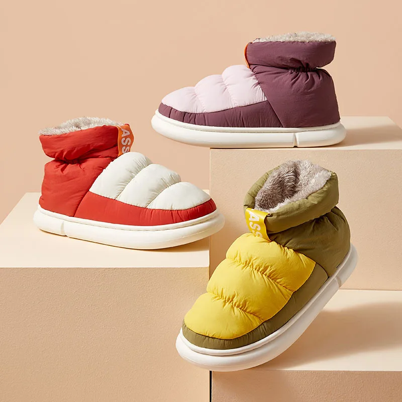 Comwarm Dámske teplé snehové topánky Men Zimný vonkajší štýl Fur Fuzzy Plippers Indoor Soft Sole High Top Plush Lined Cotton Shoes topánky
