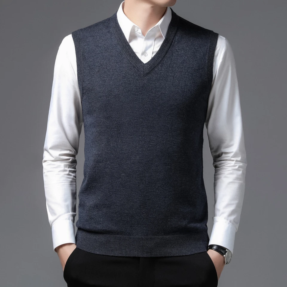 Coodrony Brand Mens Pletated Wool Vests Classic Pure Color Swear bez rukávov vesta A & W teplý V-krk Business Casual Menswear 5094