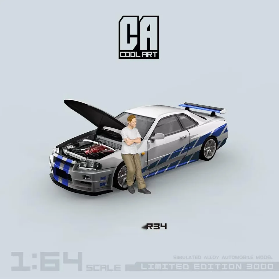 Cool ART 1:64 R34 predný a zadný otvorený kryt Paul Blue Silver Flower Simulation CAR Model