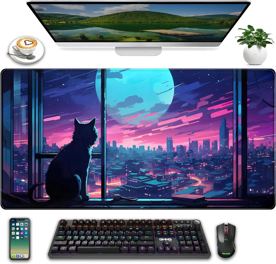 Cool Purple Kawaii Cartoon Moon Cat XL Gaming Mouse Pad Cute City Desk For Girl Dámske dekorácie kancelárie 31,5x15,75 palca